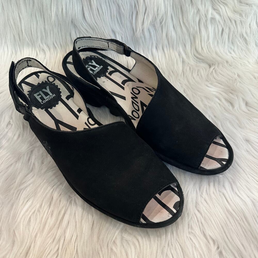 Fly London Palp Leather Wedge Sandals Peep Toe Logo Slingback, Black